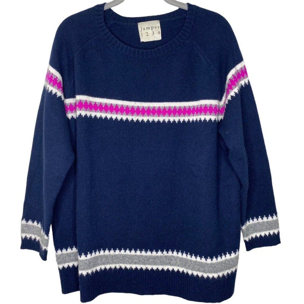 Jumper 1234 100% Cashmere Sweater Sz 2 (US 6) Heavy Fairisle Navy Pink Crewneck